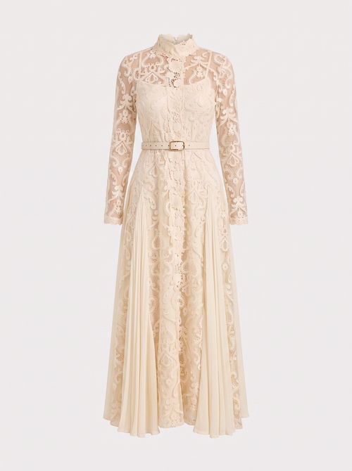 High Neck Lace Overlay Maxi Dress in Beige