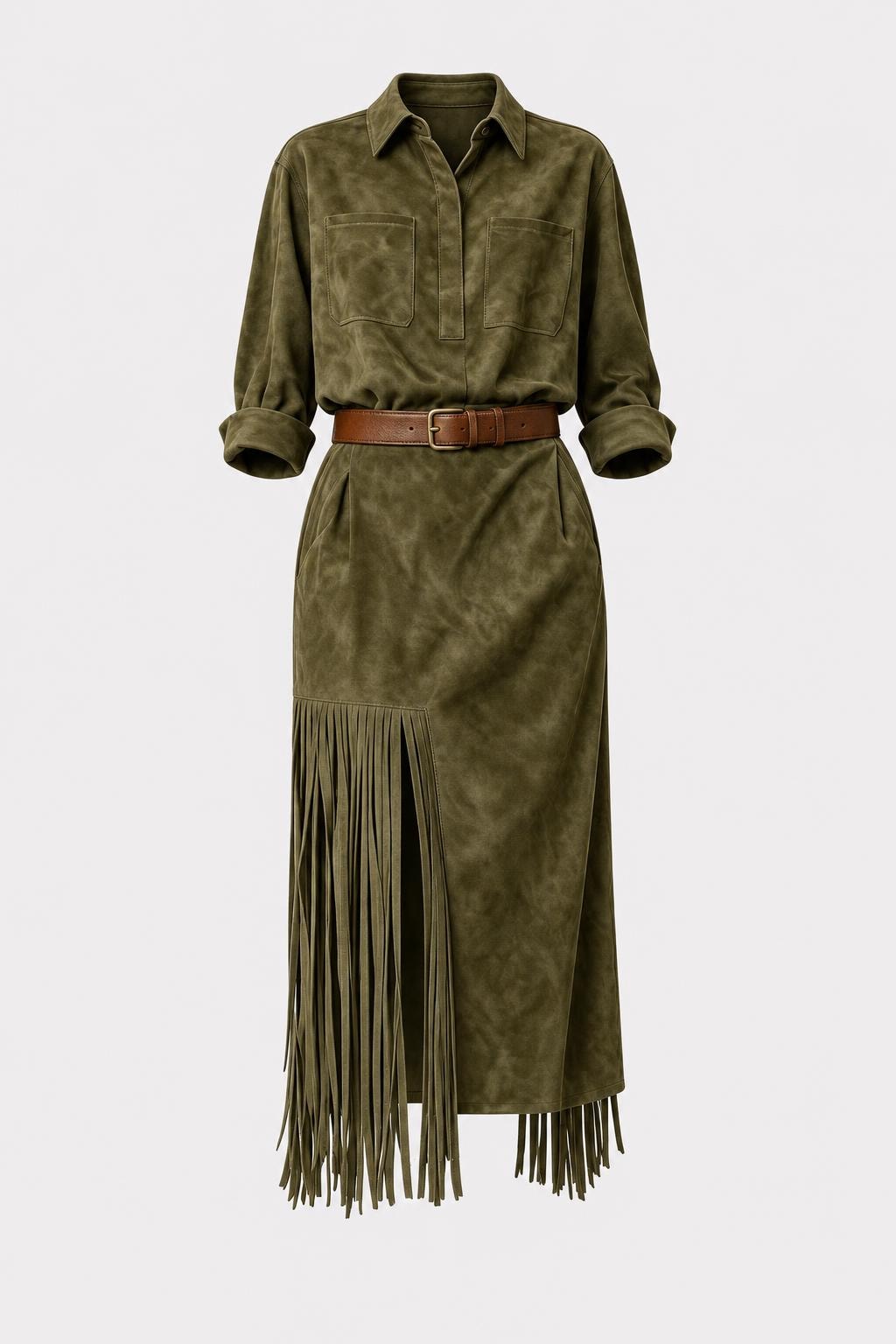 Faux Suede Midi Shirt Dress With Fringed Hem - 1