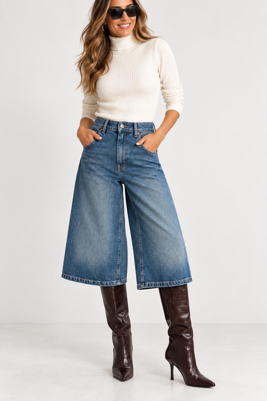 Denim Wide Leg Bermuda Shorts Loose Fit - 4