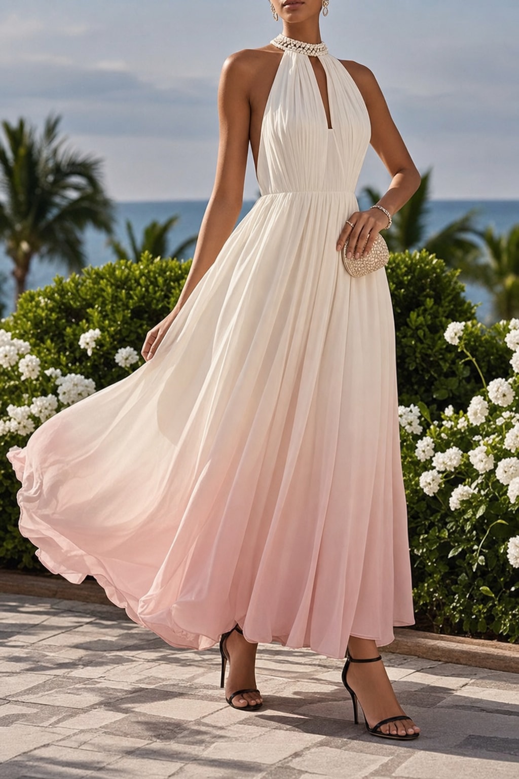 Chiffon Halter Maxi Dress With Pearl Cutout Detail - 3