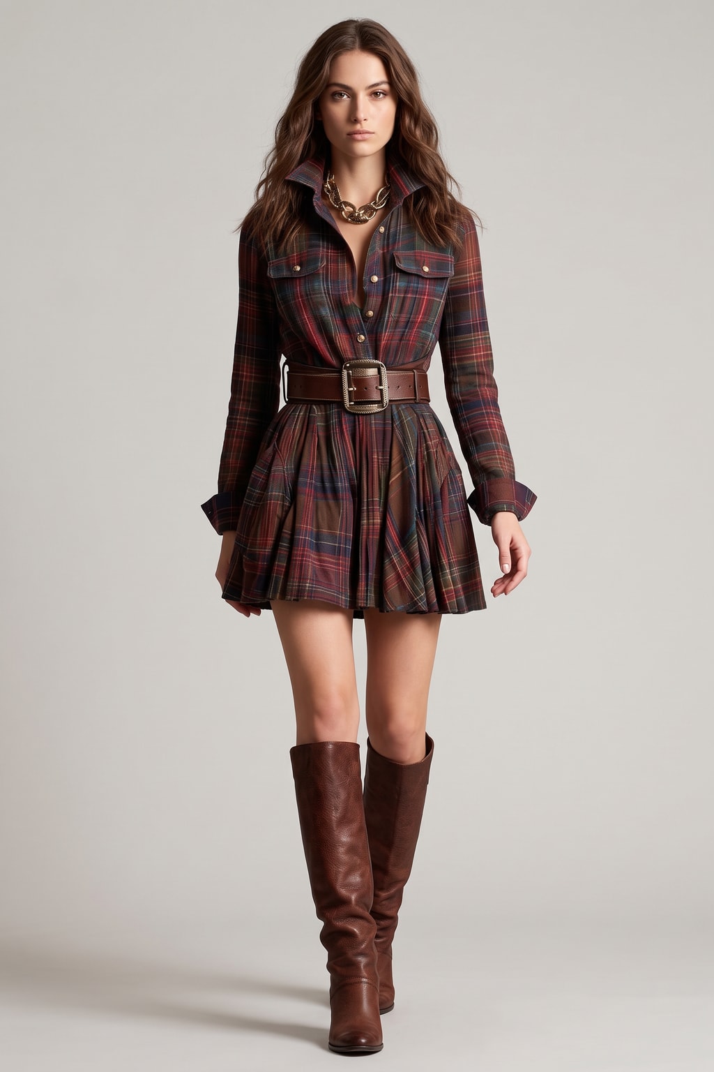 A-Line Dress Plaid Print Lapel Belted Waist - 2