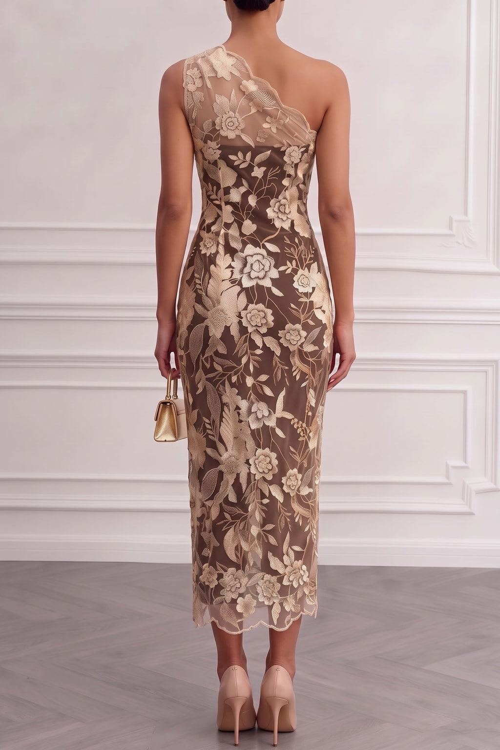Lace One-Shoulder Sheath Midi Dress - 4