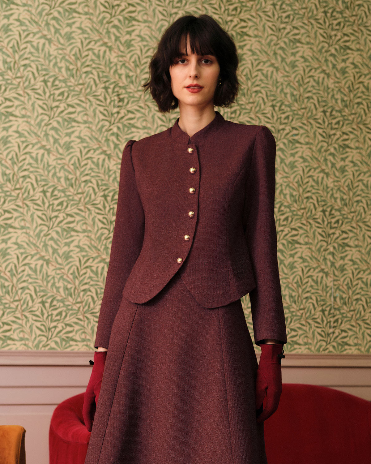 Burgundy Tweed Blazer with Puff Sleeves - view 2