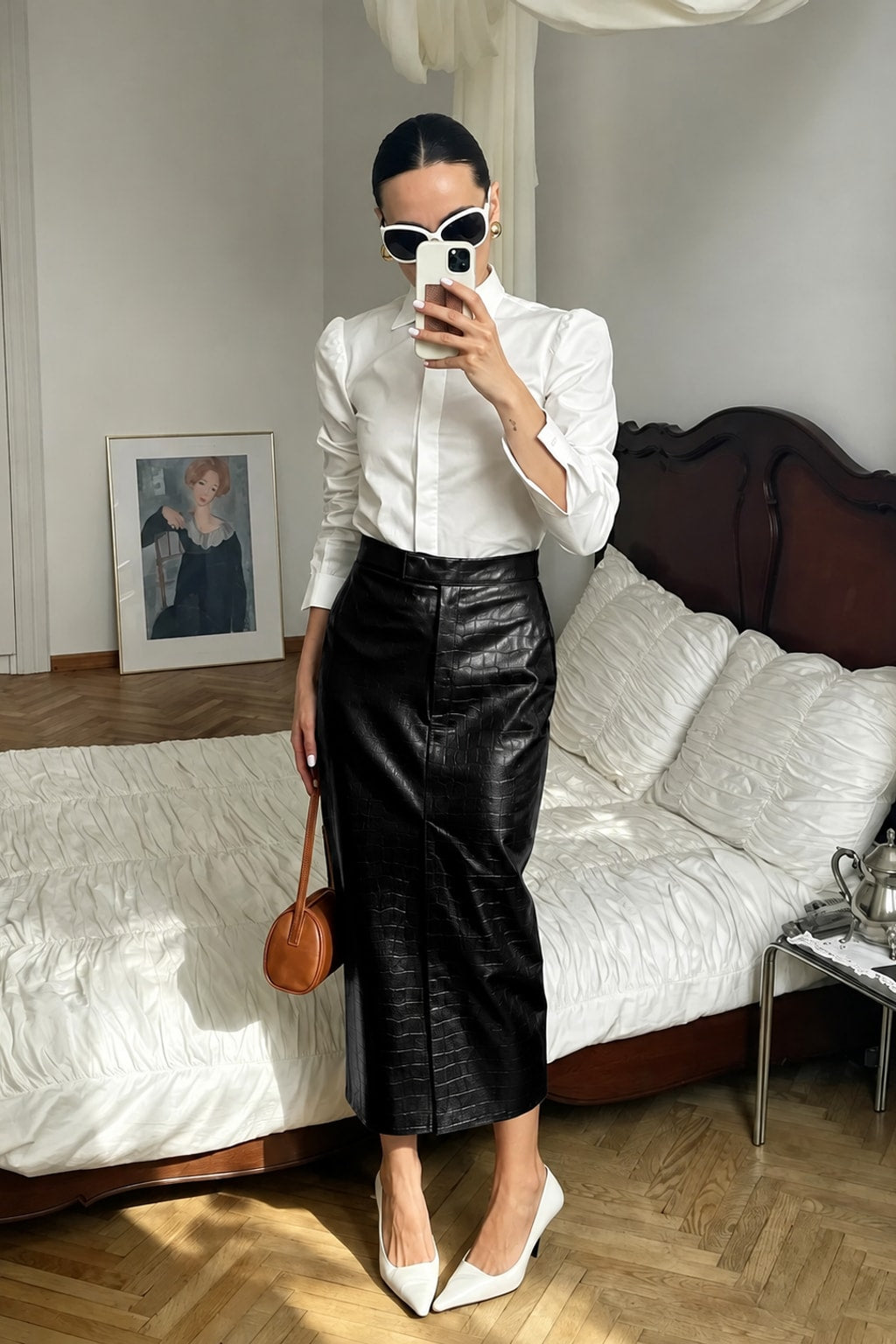 PU Leather Long Skirt Crocodile Texture Retro Split - 4