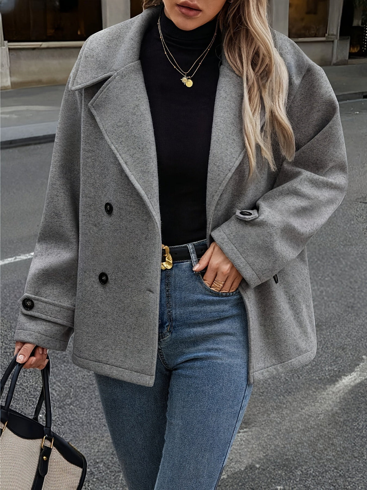 Dark Gray Wool Blend Pea Coat - view 2