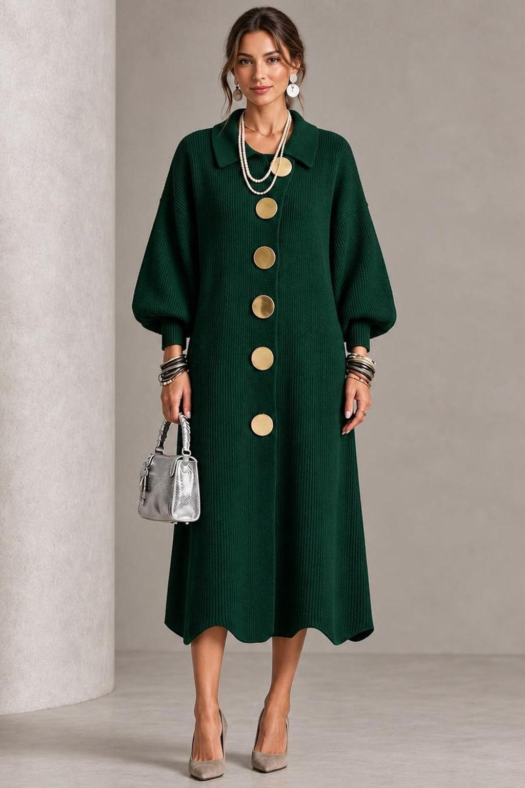 Ribbed Knit Lantern Sleeve Maxi Dress - 5