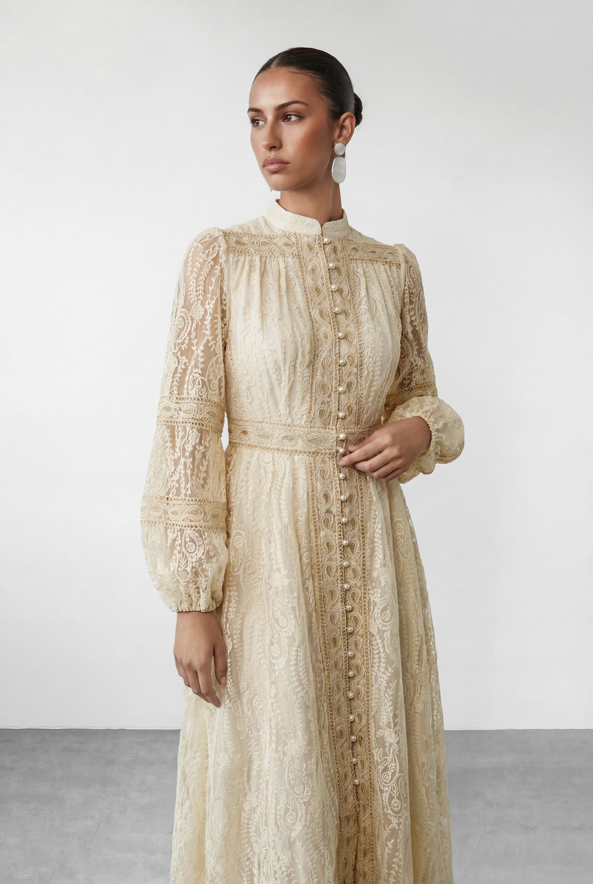 Beige Lace Stand Collar Puff Sleeve Maxi Dress - view 3