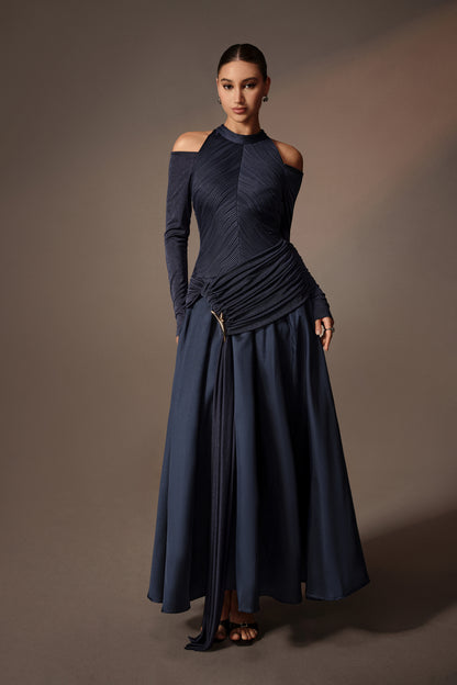 Blue cold-shoulder midi dress with draped front - view 2