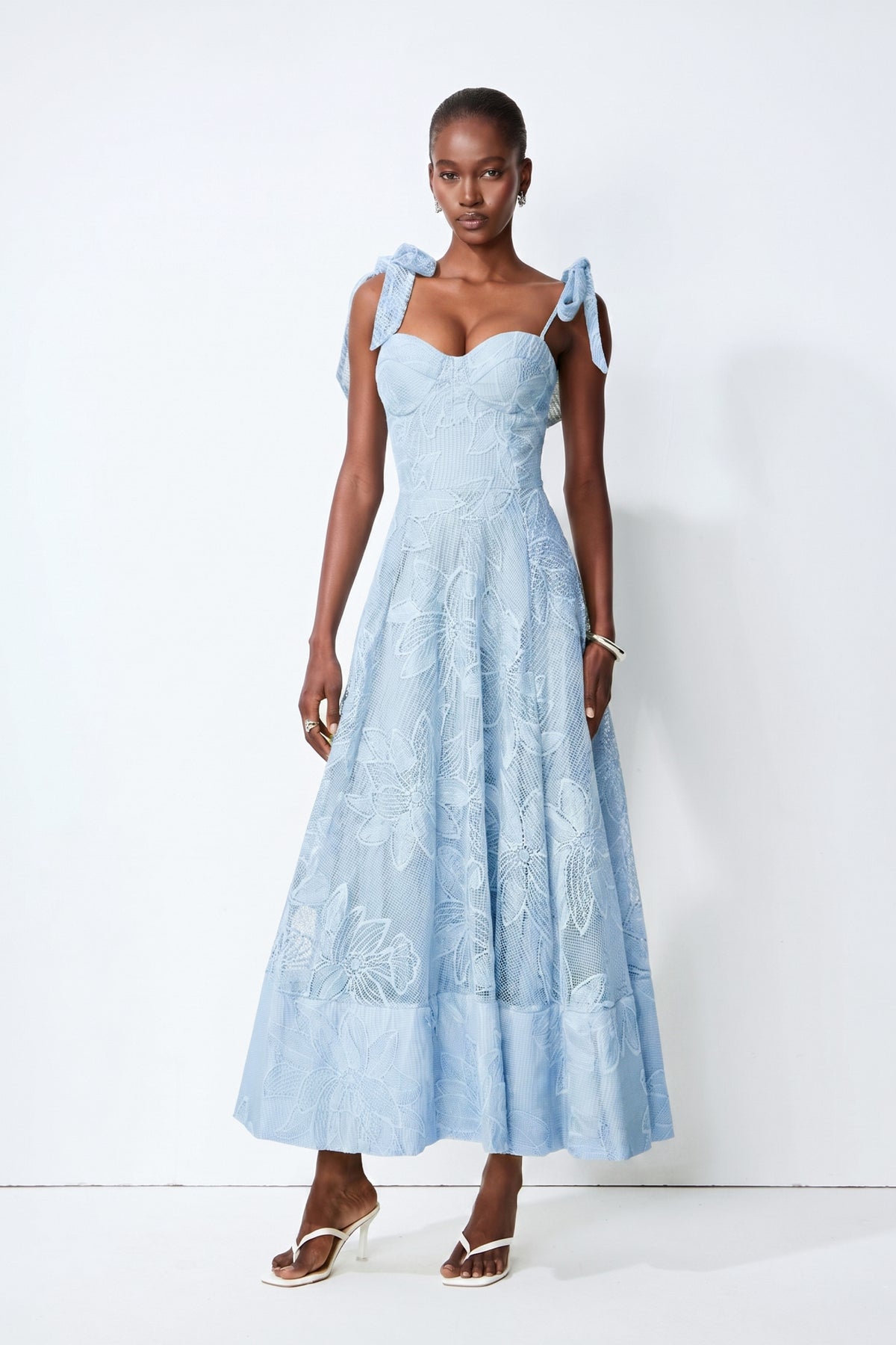 Blue Floral Lace Maxi Dress with Bow Straps - view 2