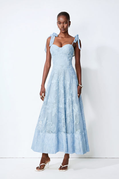 Blue Floral Lace Maxi Dress with Bow Straps - view 2