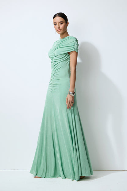 Green velvet ruched cap sleeve maxi dress - view 5