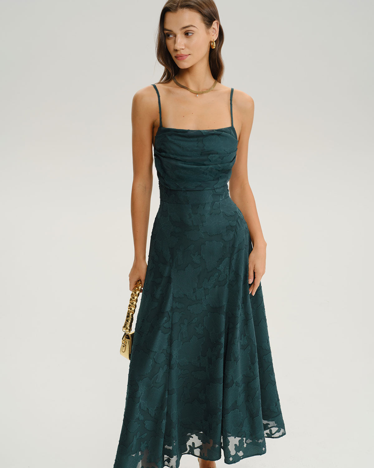 Green Jacquard Maxi Dress with Lace-Up Back - view 4