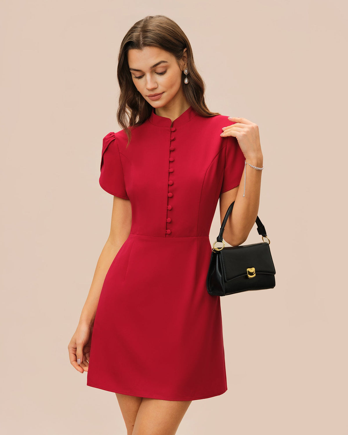 Red Petal Sleeve Mini Dress With Mandarin Collar - 2
