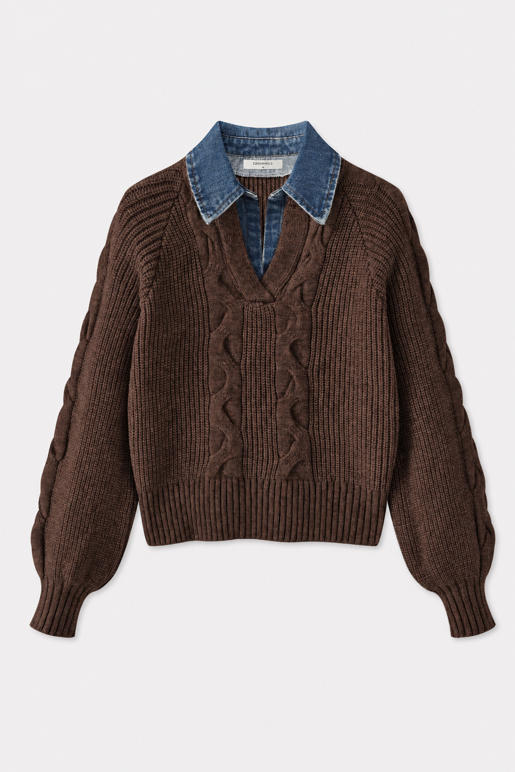 Denim Panel Sweater with Ribbed Lapel - view 8