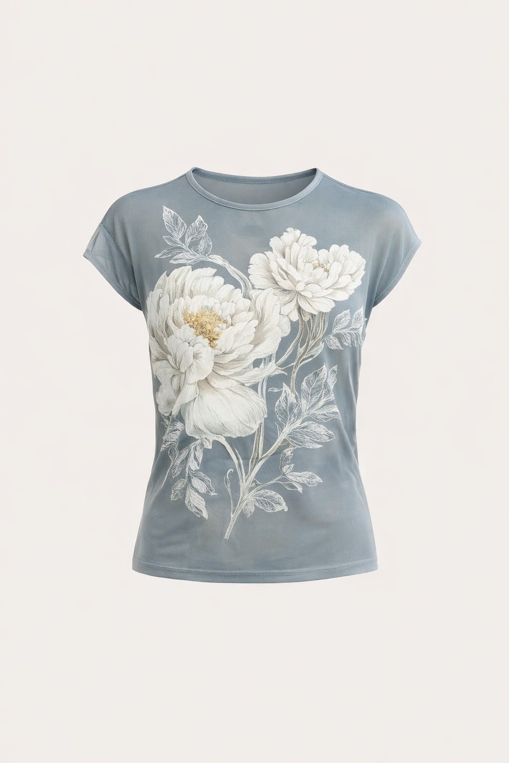 Polyester Mesh Floral Print Short Sleeve Tee Gray-Blue - 1