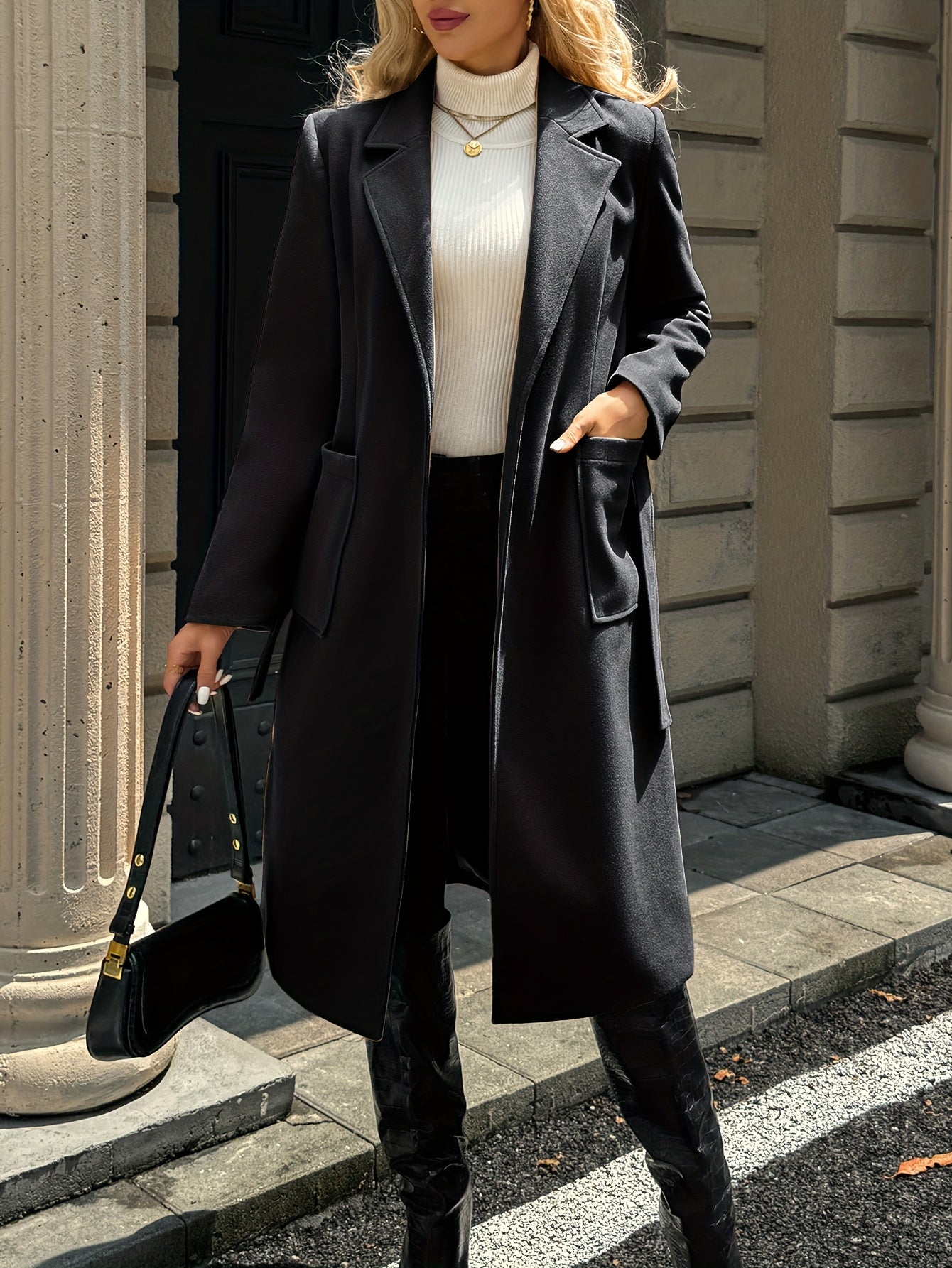 Tailored belted long coat with waist tie - view 16