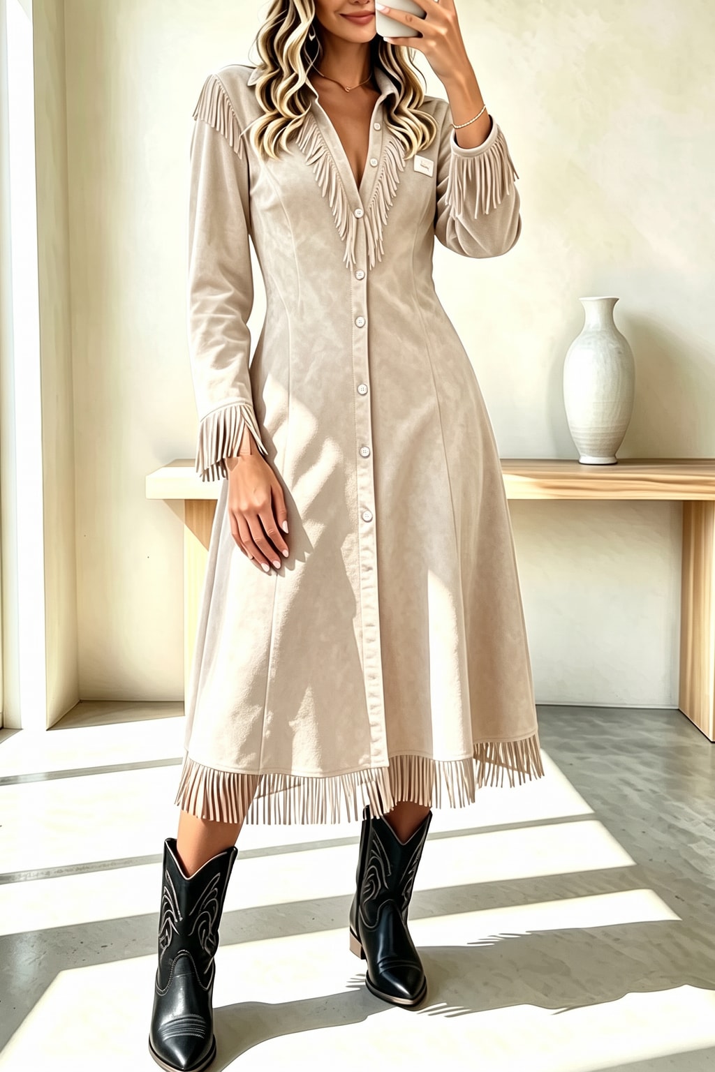 Suede Midi Dress With Fringe Tassel Trim - 5
