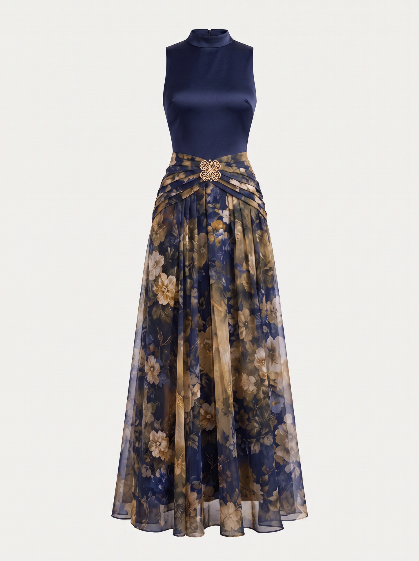 Navy Satin Maxi Dress With Tulle Hem