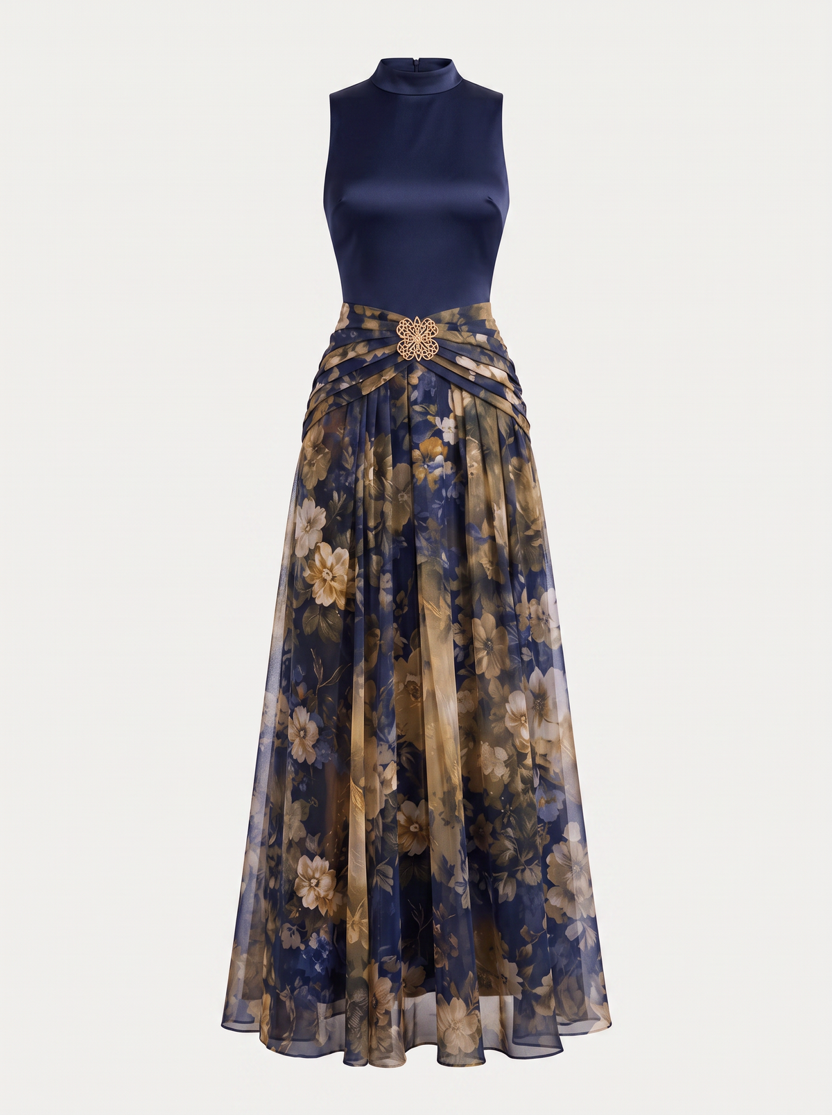 Navy Satin Maxi Dress With Tulle Hem