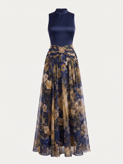 Navy Satin Maxi Dress With Tulle Hem