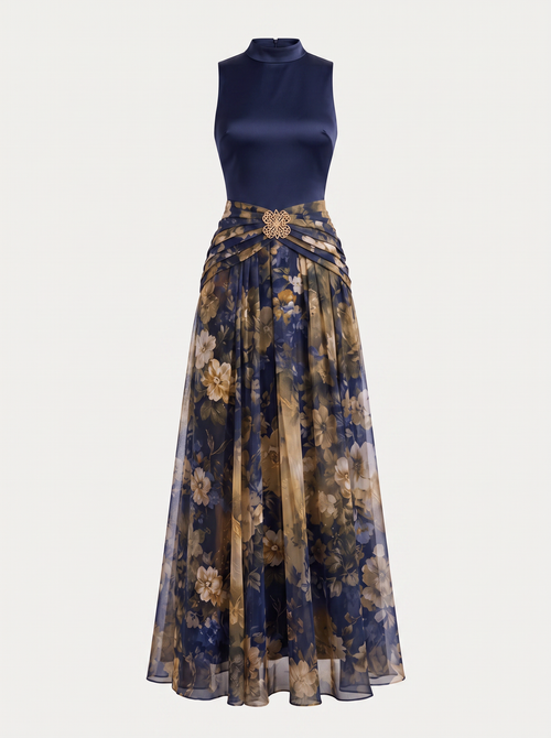 Navy Satin Maxi Dress With Tulle Hem