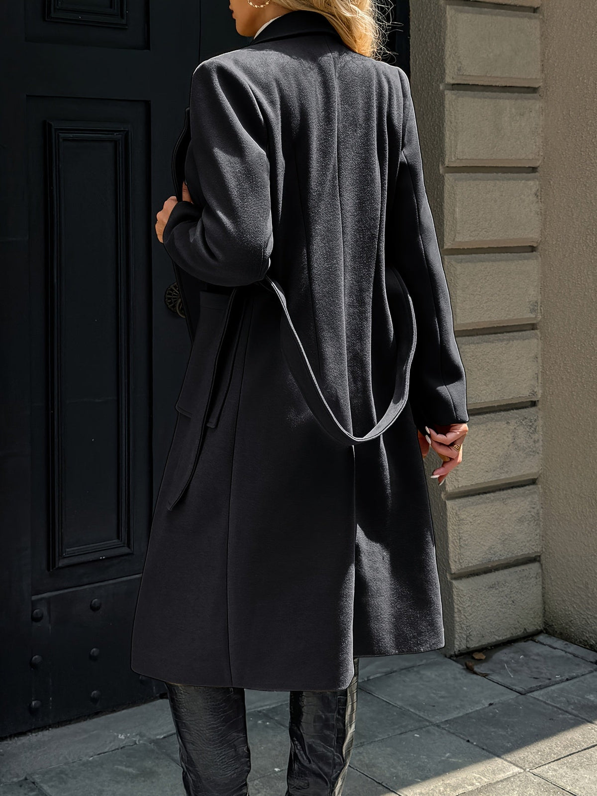 Tailored belted long coat with waist tie - view 15