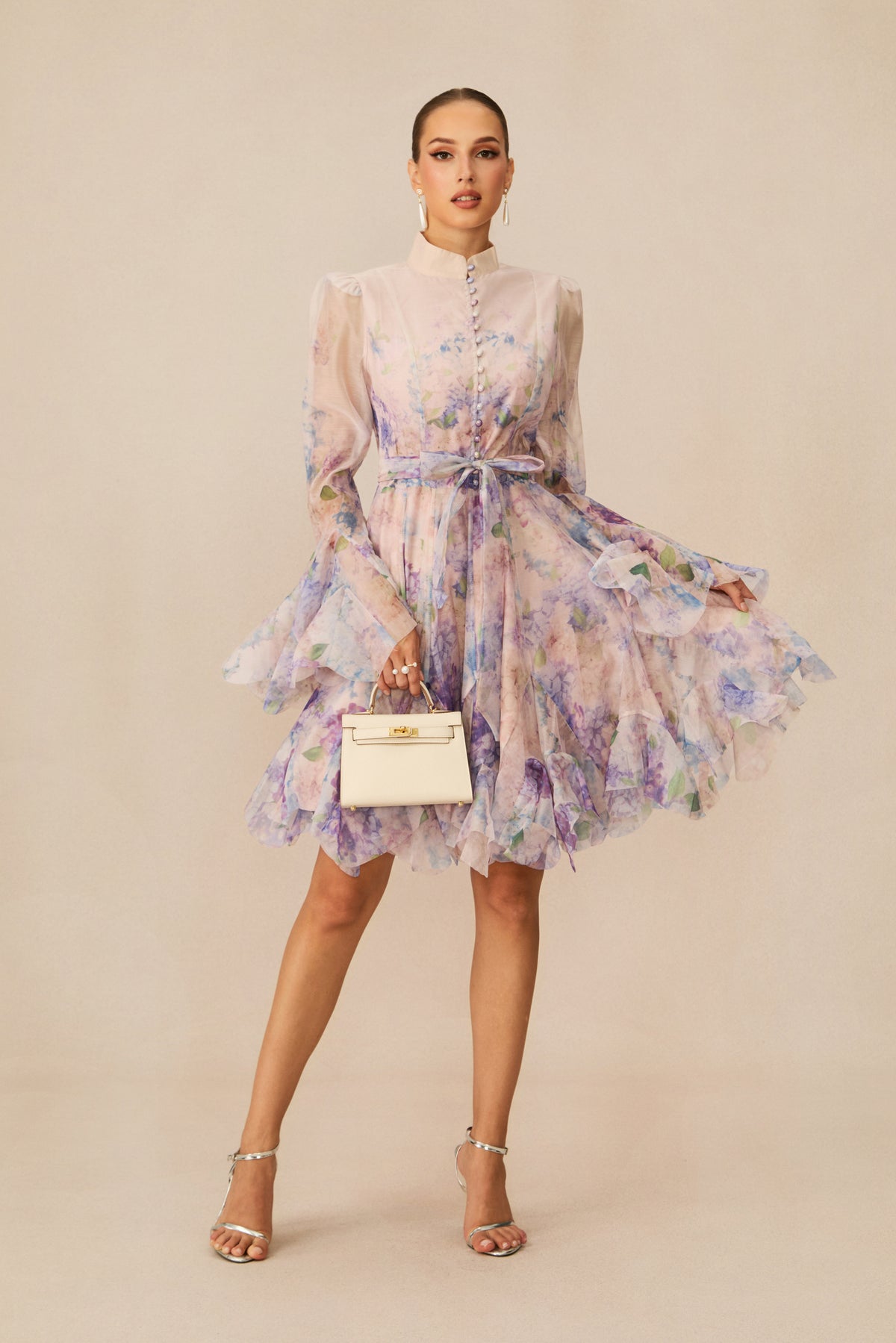 Floral Print Flared Mini Dress With Detachable Tie Belt - 6