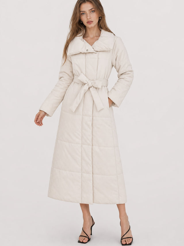 Warm Quilted Cotton Blend Long Coat With Belted Collar - 2