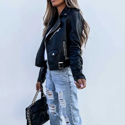 Leather jacket with stand collar and belted waist - view 3