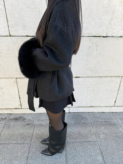 Faux Fur Collar Jacket with Cinched Waist - view 17