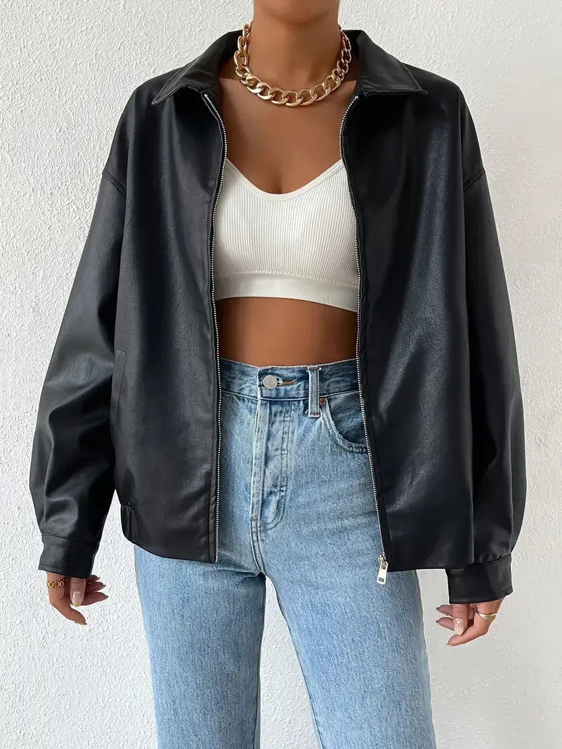 Black Faux Leather Jacket with Point Collar - view 2