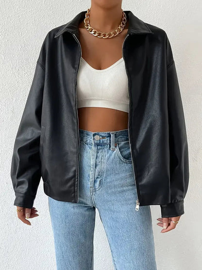 Black Faux Leather Jacket with Point Collar - view 2