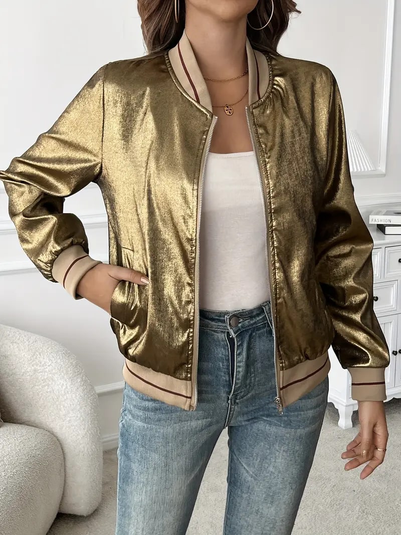 Metallic Bomber Jacket With Ribbed Collar - view 5