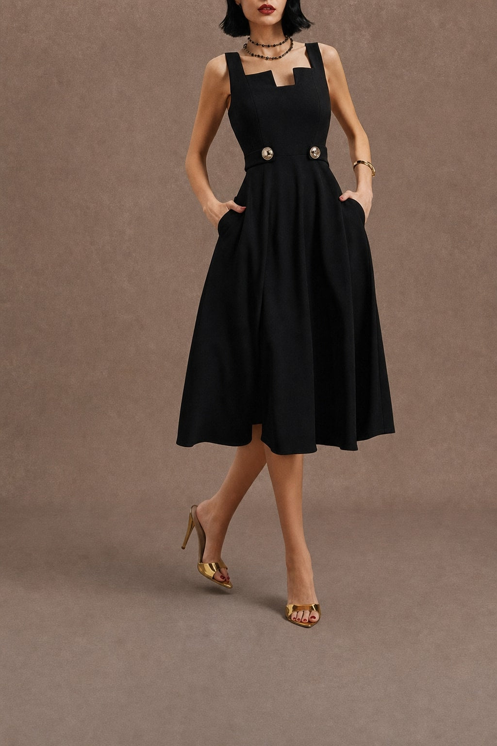 Notched Sleeveless A-Line Midi Dress With Pockets - 3
