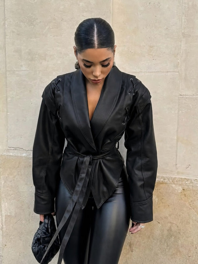 Relaxed Leather Biker Jacket with Notched Lapel - 10