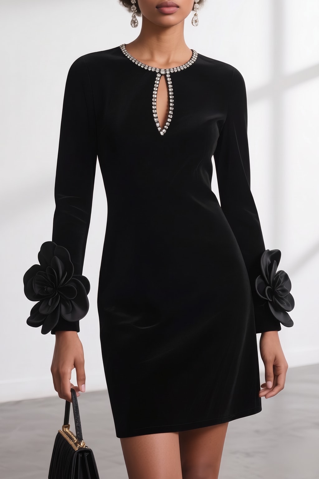Velvet Sheath Mini Dress With Rhinestone Detail - 5