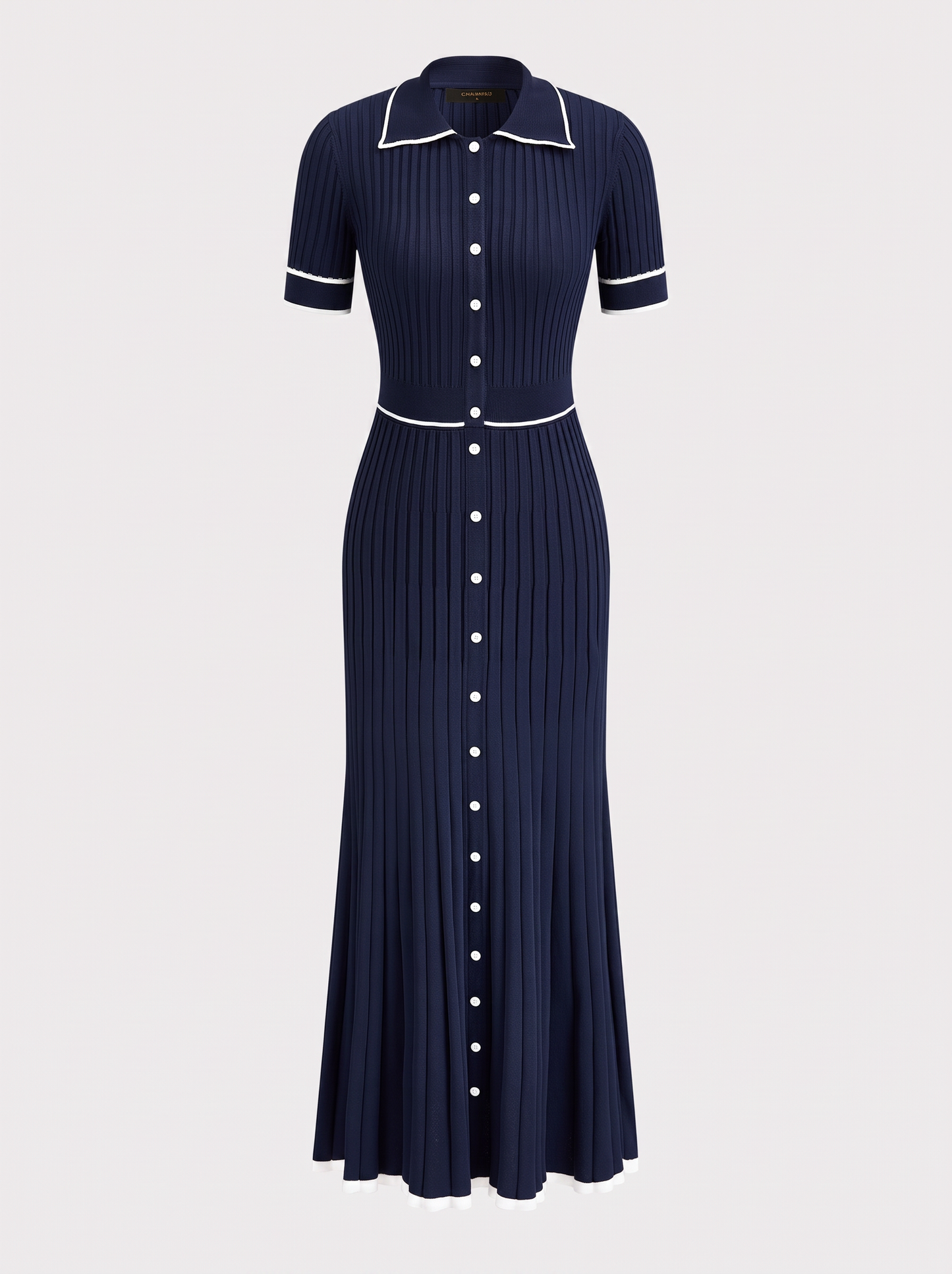 Blue Rib Knit Midi Dress, Contrast Collar