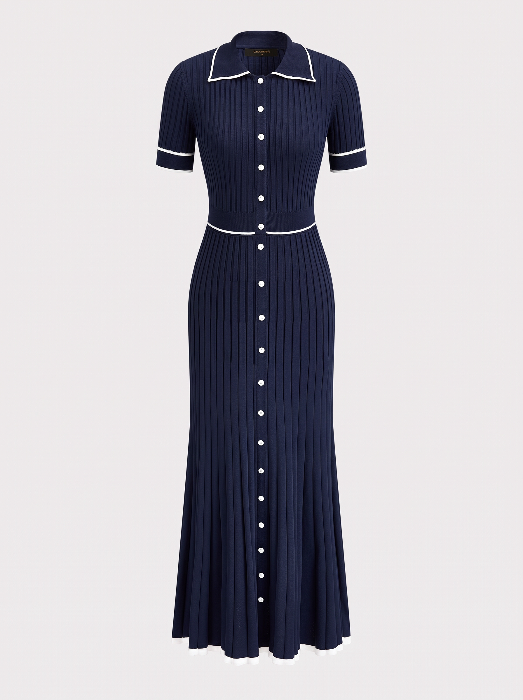 Blue Rib Knit Midi Dress, Contrast Collar