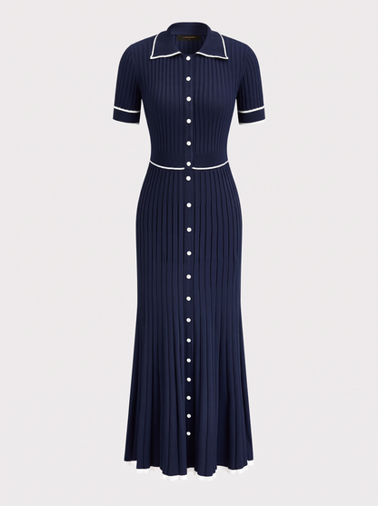 Blue Rib Knit Midi Dress, Contrast Collar