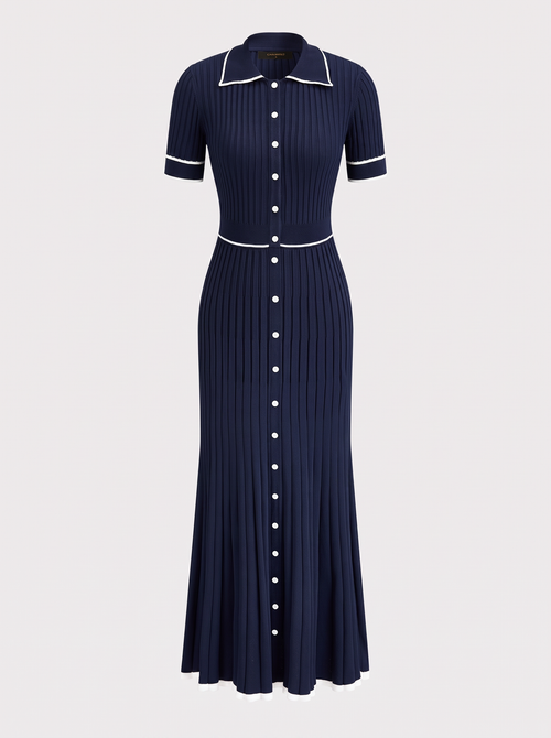 Blue Rib Knit Midi Dress, Contrast Collar