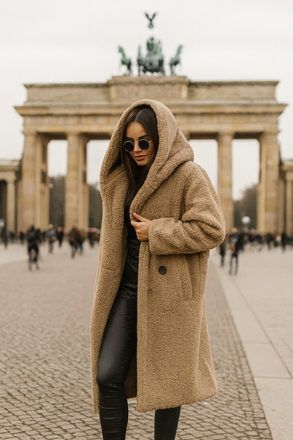 Long teddy wool coat with hood - view 2