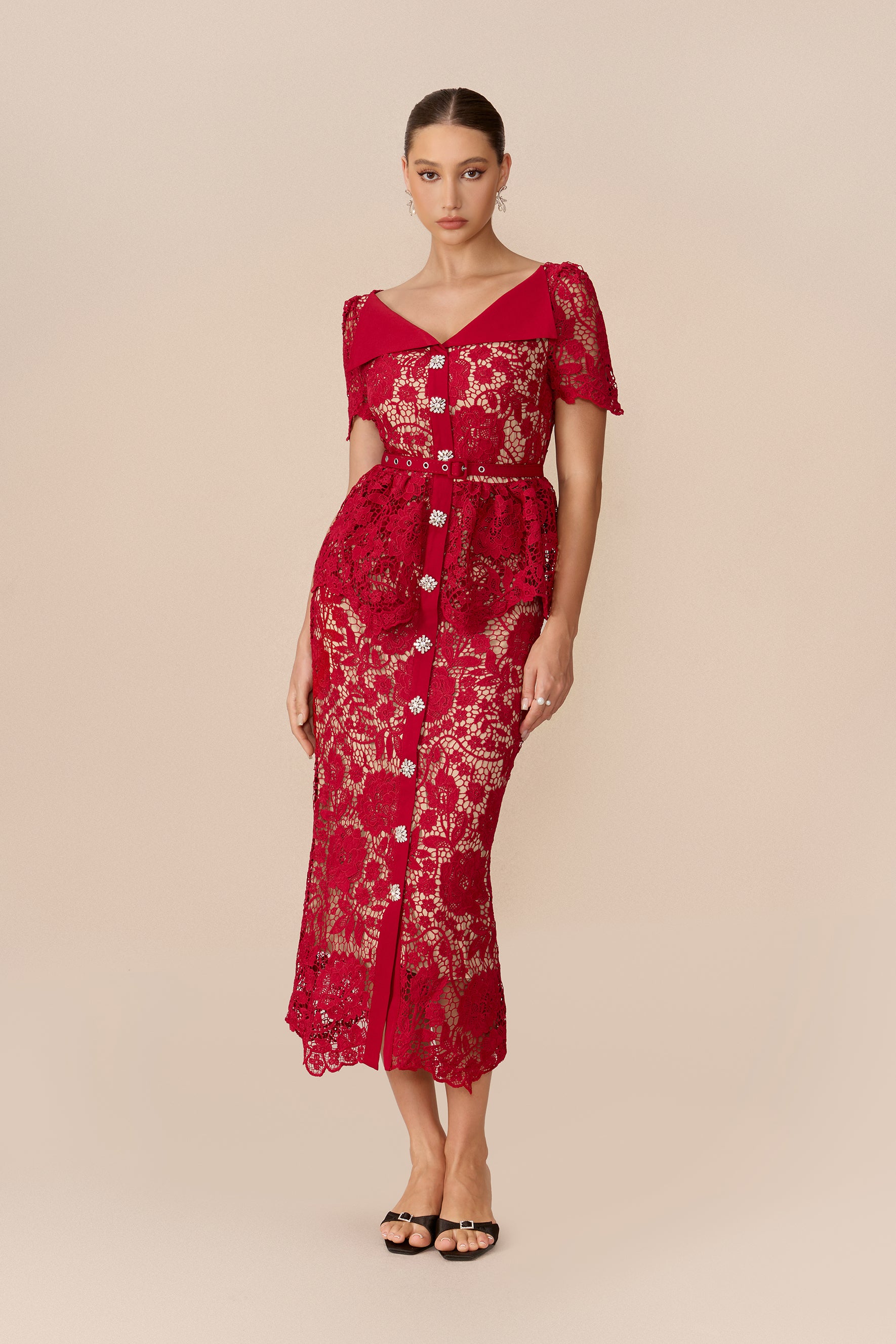 Ruffle Sleeve Off-Shoulder Lace Midi in Red - view 5