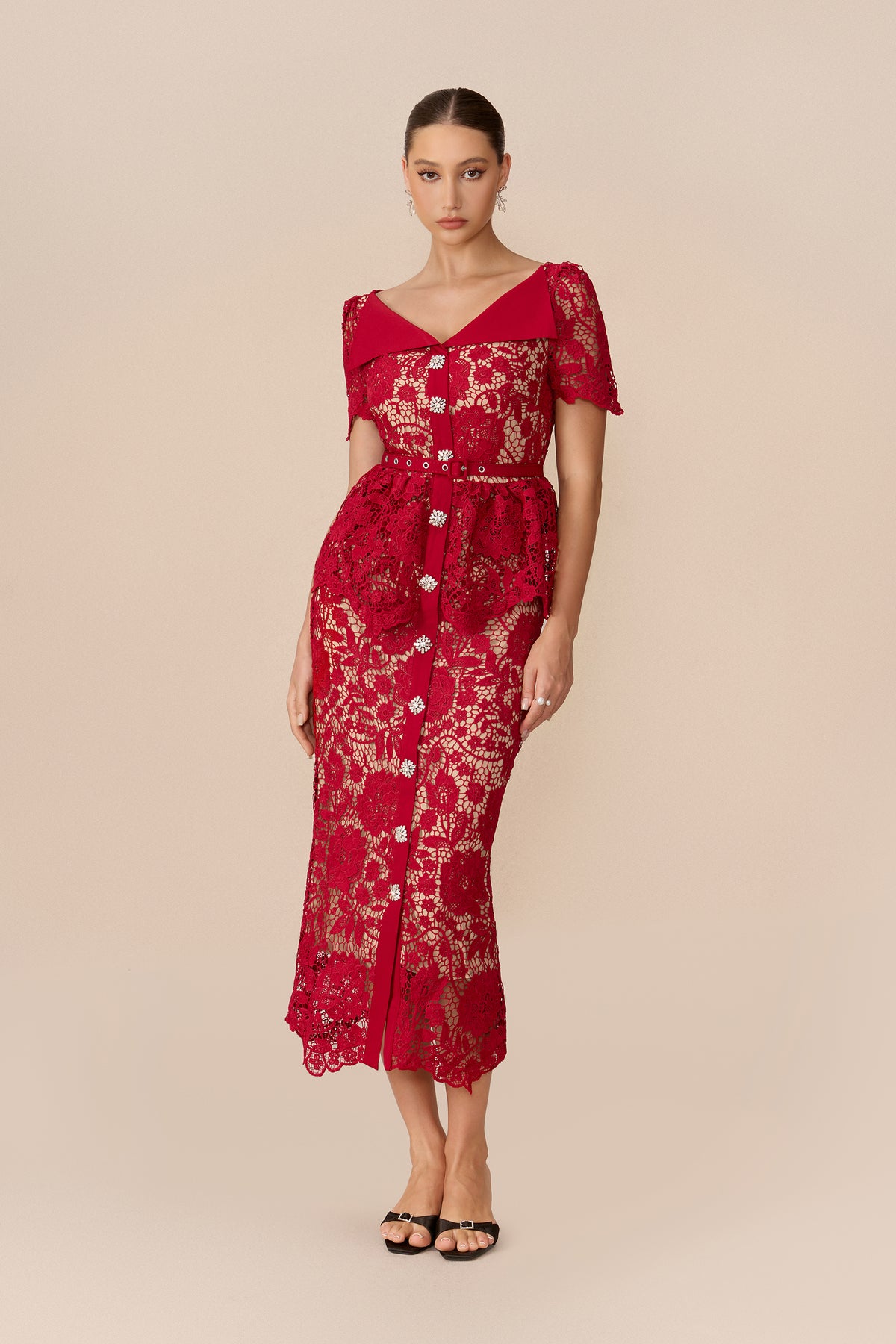 Lace Off-Shoulder Ruffle Sleeve Midi Dress - 5