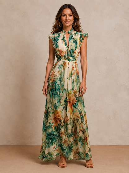 Green Botanical Chiffon Maxi Dress, Ruffle V-Neck - view 2