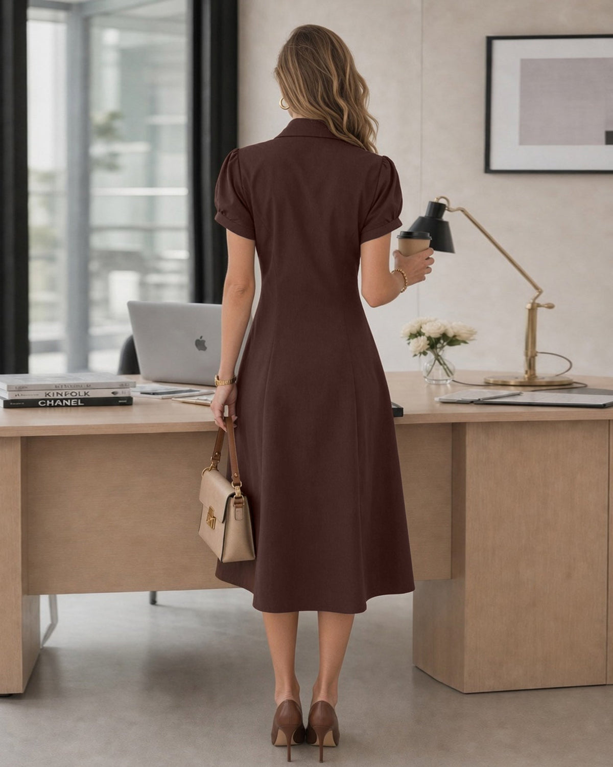 Puffed Sleeve Ruched A-Line Midi Dress - view 4