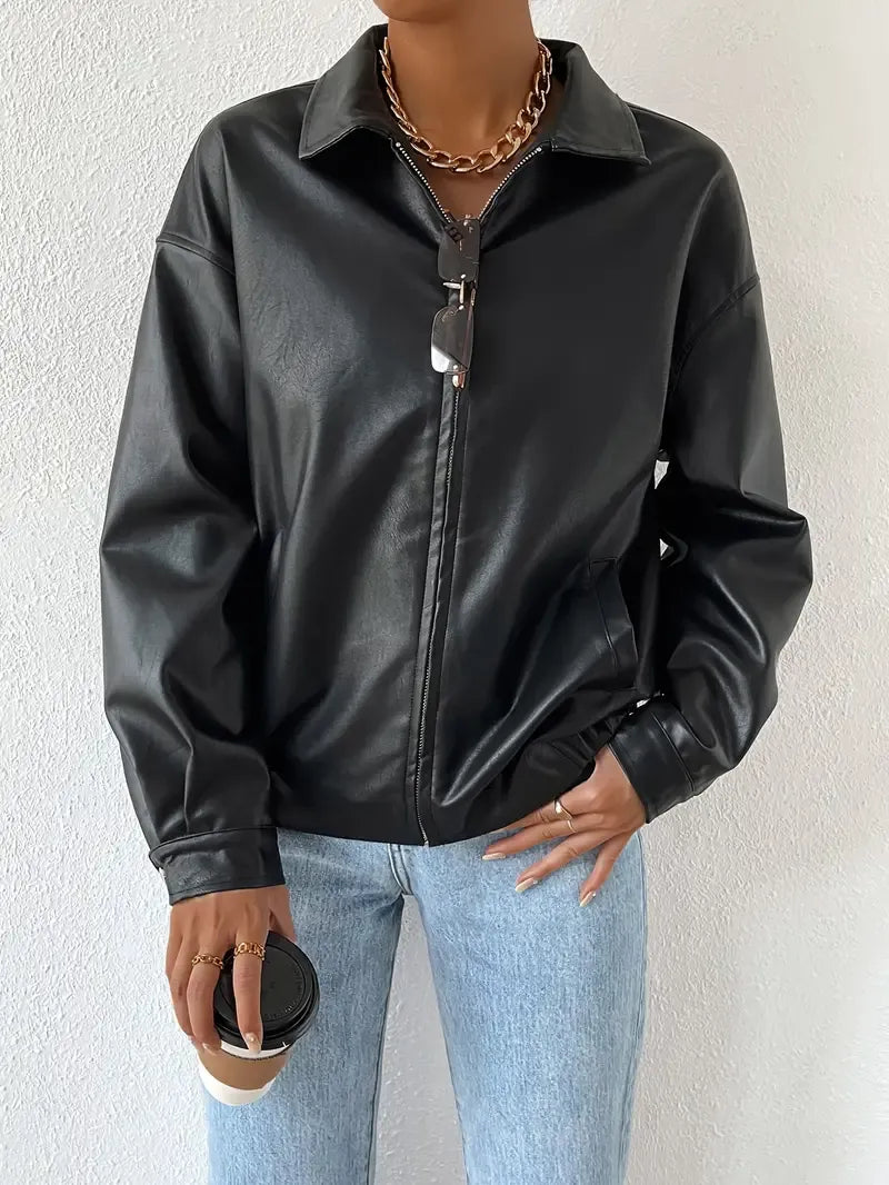 Black Faux Leather Jacket with Point Collar - view 3