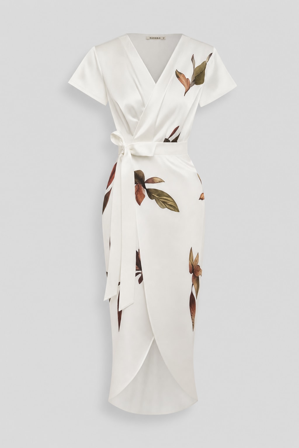 Satin Wrap Midi Dress With Leaf Print - 1