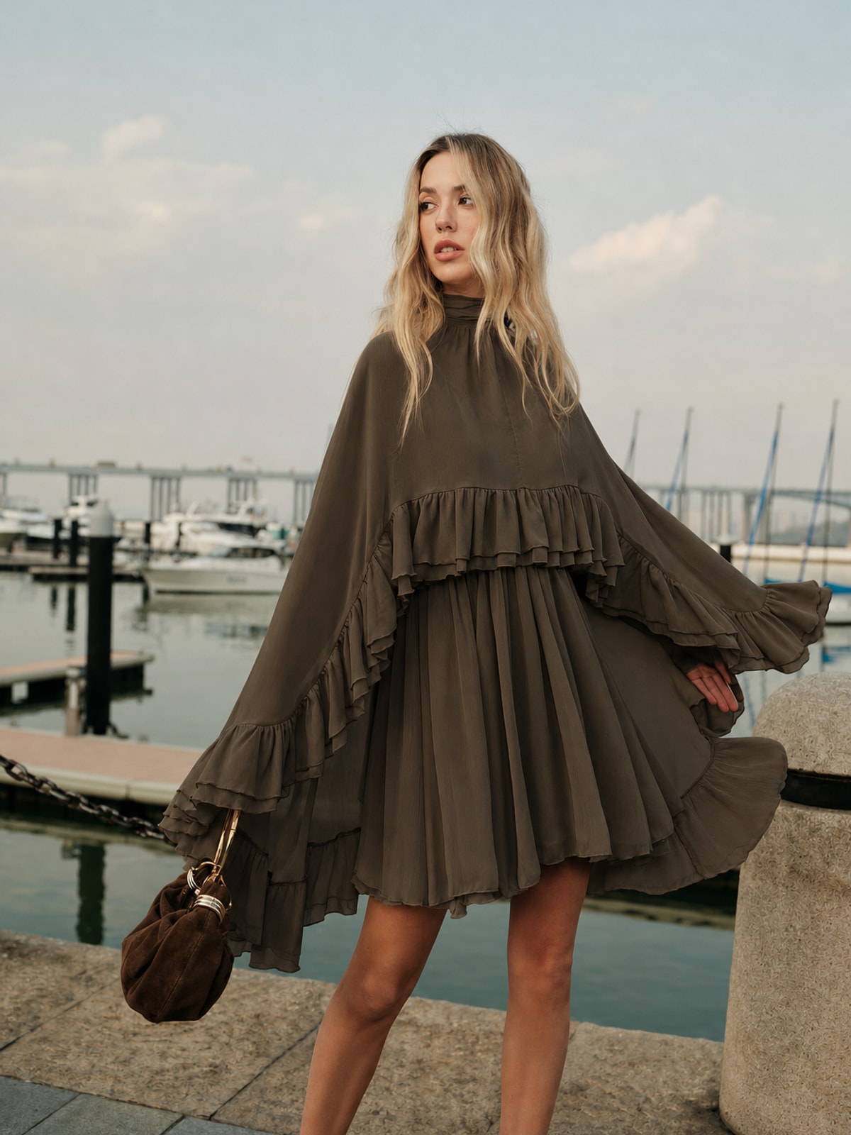 Chiffon Ruffle Mini Dress With Cape Overlay - 6