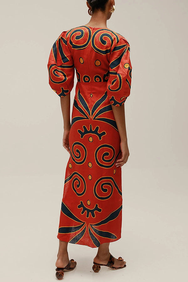Puff Sleeve Linen Blend Maxi Dress - view 4