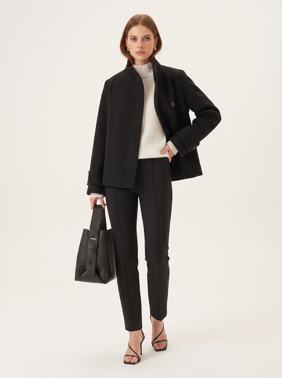 Black wool-blend short jacket with high collar - view 4